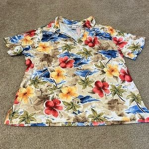 Cathy Daniels Popover Collared Hawaiian Floral Print Top